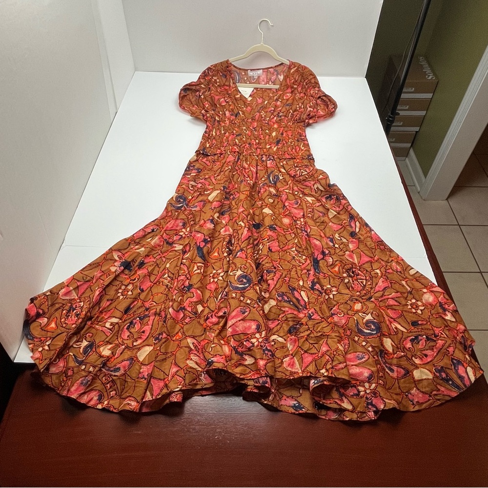 A.L.C. Lucia Floral Smocked Midi Dress Burnt Orange Womens 4 Shirred Bodice NEW